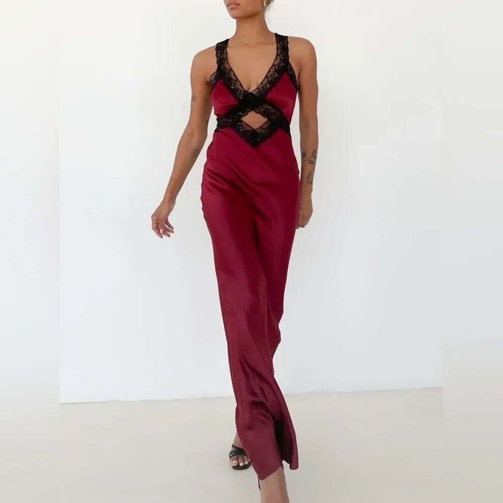 Rumored Slip Dress Size S Crossroads Maroon Satin Lace Cutout Maxi Low Back NWT